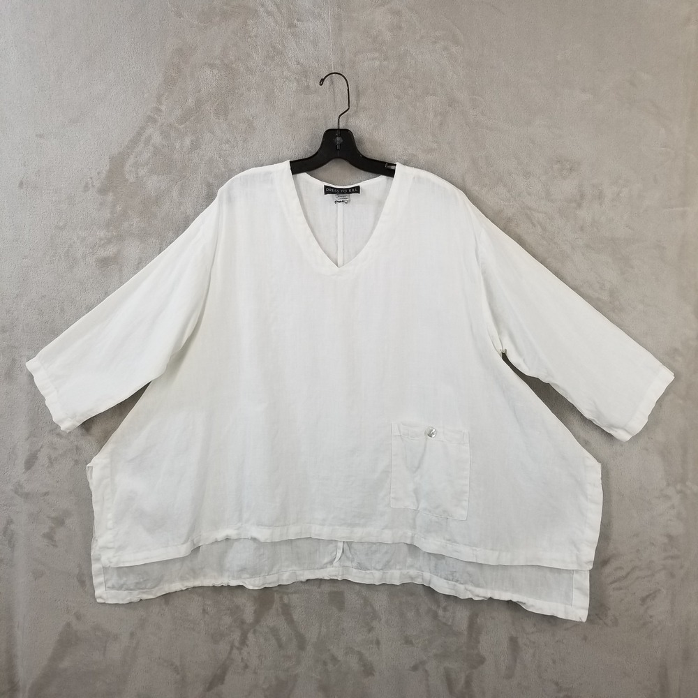 Dress to Kill Tunic Women L White 100% Linen Asymmetric Pocket USA Lagenlook